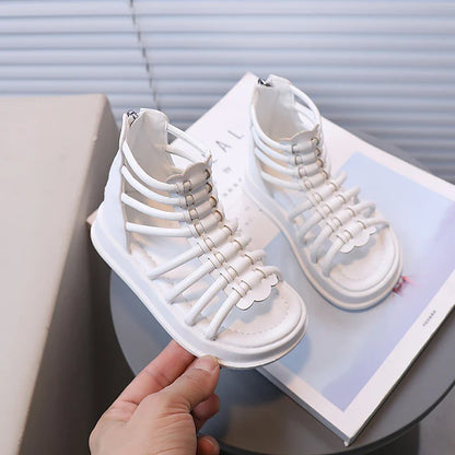 Girl's Sandals Gladiator Style Hollow-out Ankle-high Chunky Kids Summer Shoes White Black Zipper Chic Children Sliders 21-36