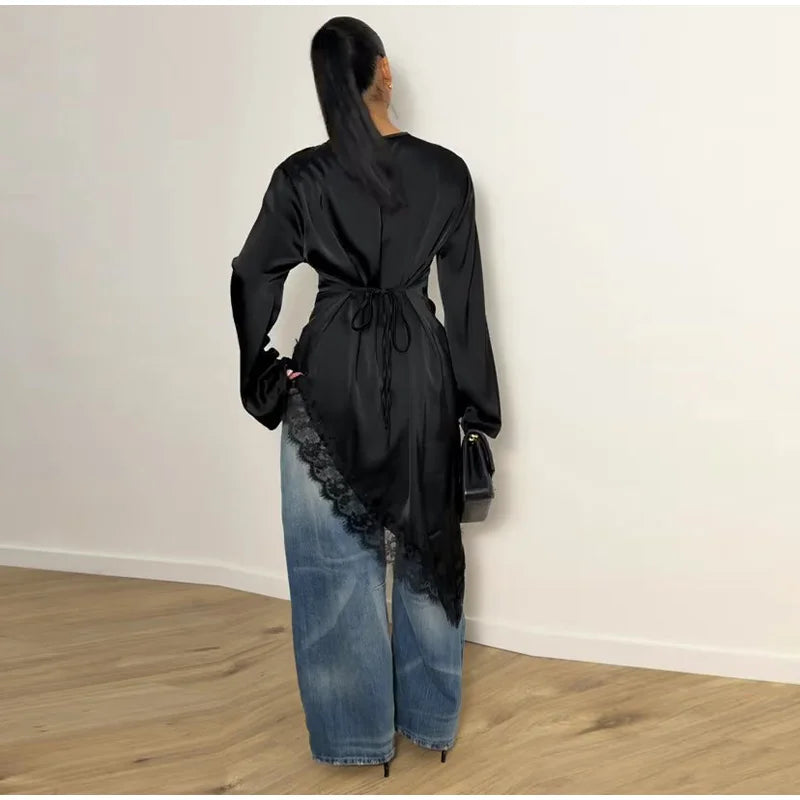 Women's Satin Blouse With Lace Trim Fashion O-neck Long Sleeve Lace Up Waist Irregular Tops 2026 Spring New Chic Lady Streetwear
