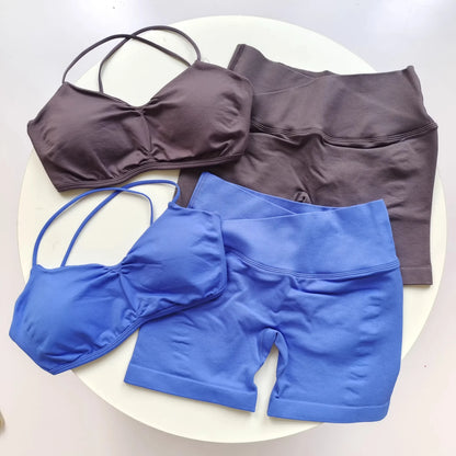 2 Piece Gym Set Women Yoga Crop Top High Waist Scrunch Seamless Shorts Fitness Bra Sport Suit Sportswear Workout Set