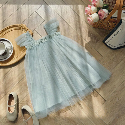 Summer Kids Sweet Mesh Dress Girls 5 Colors Suspended 3D Butterfly Skirt Children Tutu Princess Dress