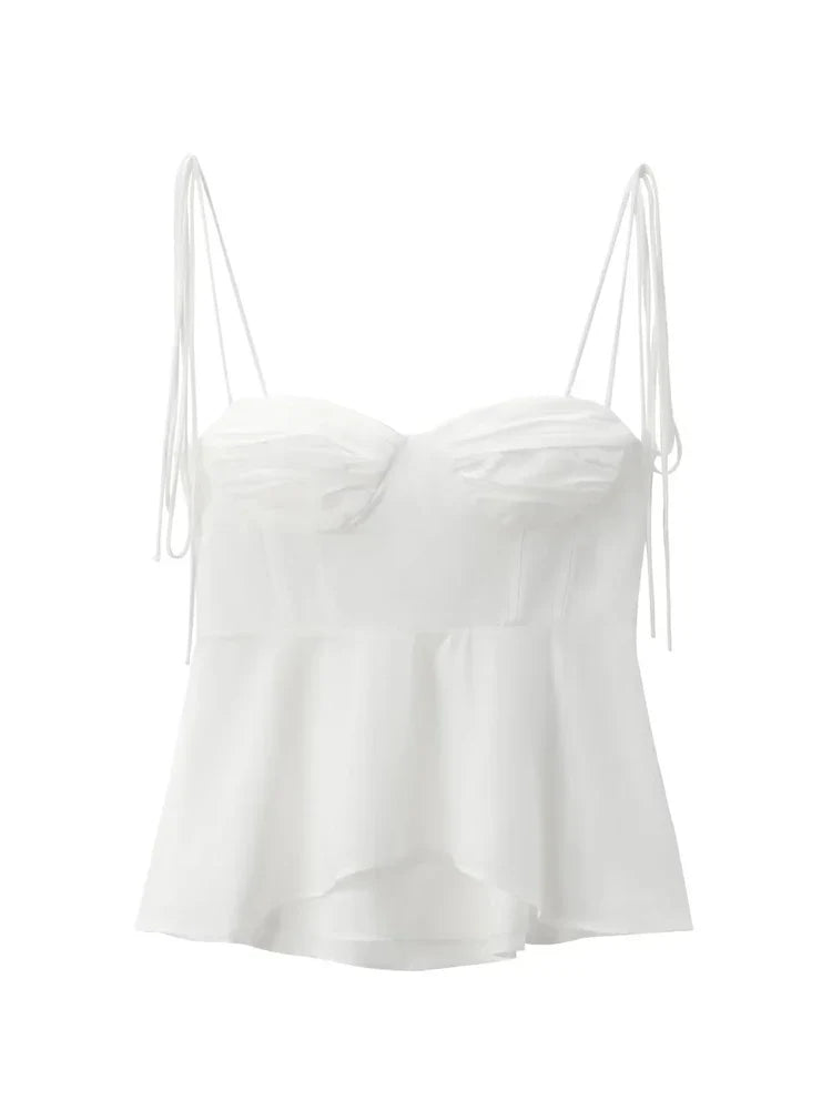 White Smocked Strappy Camisole Women's Sexy Sleeveless Ruffle Slim Bra Solid Color Streetwear Y2k Women's Tops Camisole