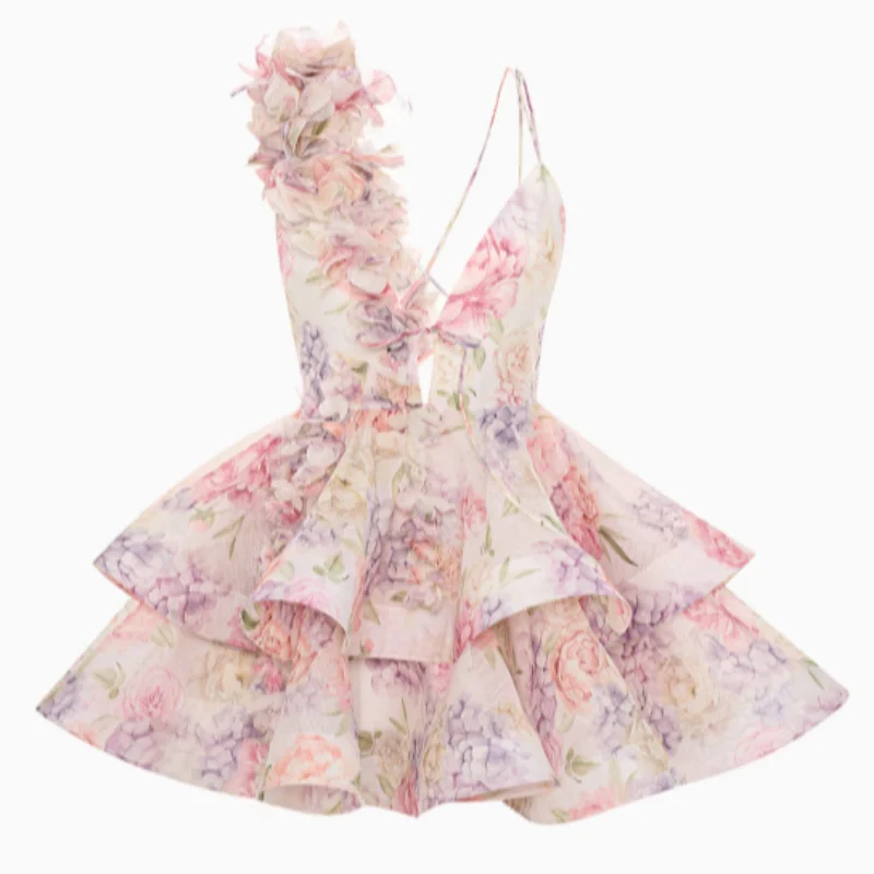 Fashion Flower Printed Ruffles Mini Dress For Women Chic Chiffon Bodycon High Waist Vestidos 2025 Lady Vacation Street Gowns New