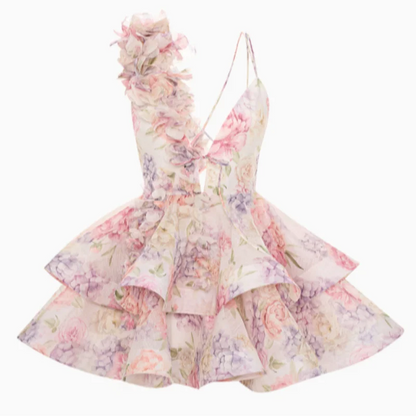 Fashion Flower Printed Ruffles Mini Dress For Women Chic Chiffon Bodycon High Waist Vestidos 2025 Lady Vacation Street Gowns New