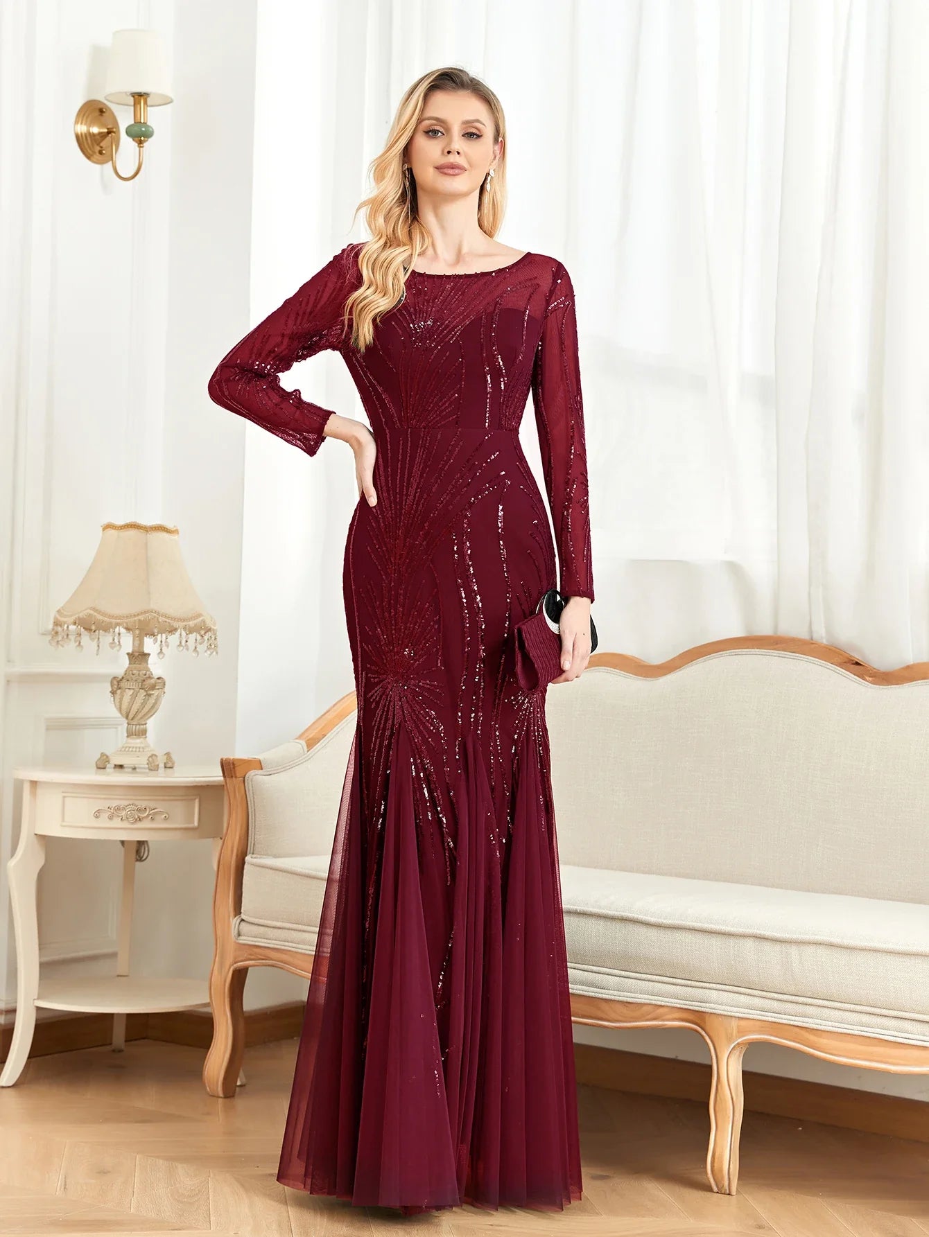 Elegant Long Sleeves Sequin Tulle Evening Dresses 2025 Women Luxury Mermaid Formal Bridesmaid Party Maxi Prom Dress
