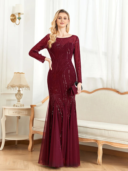Elegant Long Sleeves Sequin Tulle Evening Dresses 2025 Women Luxury Mermaid Formal Bridesmaid Party Maxi Prom Dress