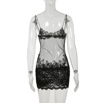 Lace Transparent Mini Dress Sexy Women Wrapping Spaghetti Embroidery Flower Sheath Nightwear Club Mesh Wave Fantacy
