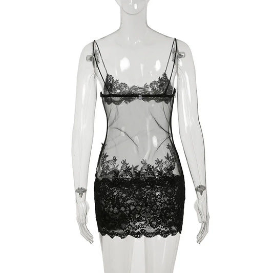 Lace Transparent Mini Dress Sexy Women Wrapping Spaghetti Embroidery Flower Sheath Nightwear Club Mesh Wave Fantacy