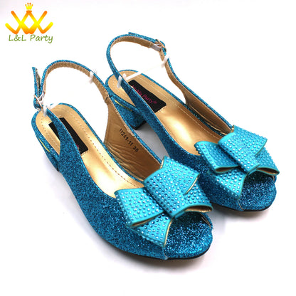 Italian Women Shoes Matching Bag Set in Sky Blue Color Comfortable Heels with Appliques for Wedding