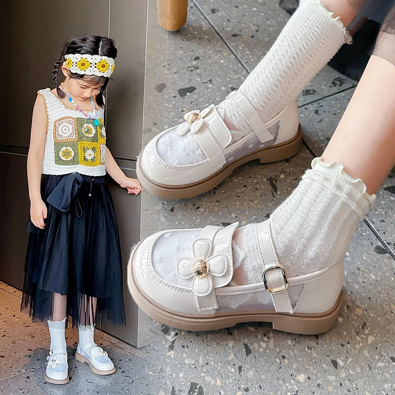 Toddler Girls Elegant Glossy Mesh Mary Jane Flats Flower Buckle Strap Heart Pattern Chunky Sole Comfortable Party School Shoes