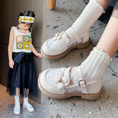 Toddler Girls Elegant Glossy Mesh Mary Jane Flats Flower Buckle Strap Heart Pattern Chunky Sole Comfortable Party School Shoes