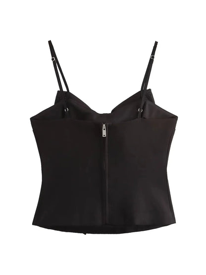 Sequined Bow Women Sling Top Sexy Backless Crop Top Pleated Zippers Female Tank Tops 2025 Spring Lady Streetwear Tops