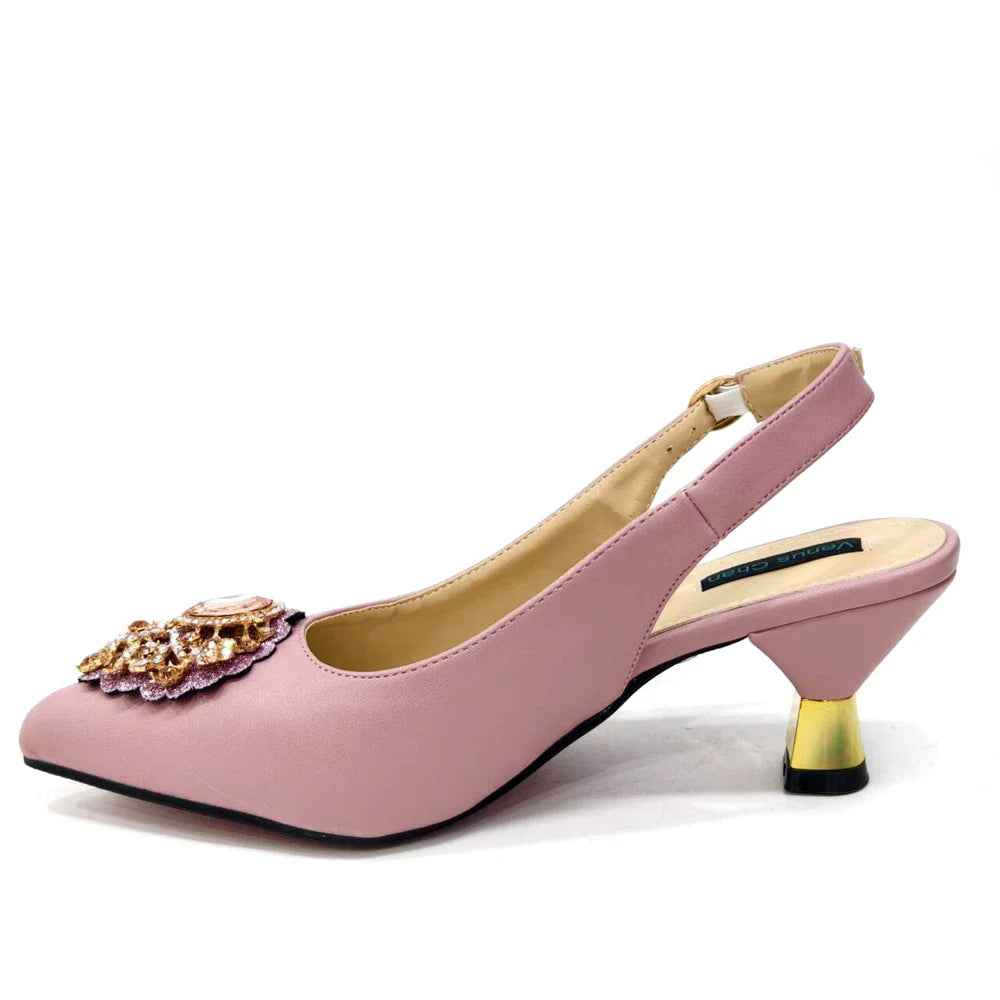 Nigerian Women's Pink High Heel Frosted Crystal Shiny Rhinestone Party Italian Design Pointed Shoes And Bag Set