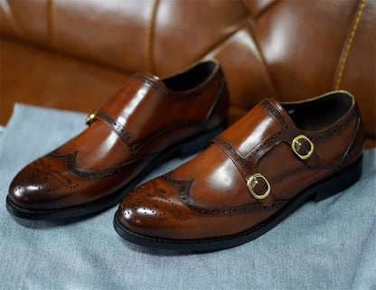 Classic Men Genuine Leather Dress Shoes Brogue Double Buckle Monk Strap Metal Buckle Business Office Wedding Formal Shoes