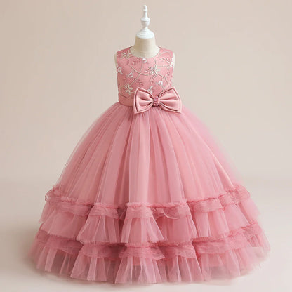 Summer Flower Bridesmaid Girls Dress Elegant Wedding Princess Party Kids Dresses For Girl Gala Bow Birthday Evening Prom Costume