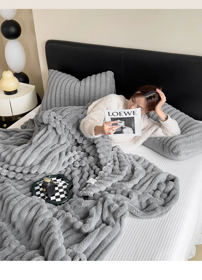 2025 New Rabbit Plush Blanket Draw Stripe Thickened Flannel Blanket Shawl Coral Fleece Sofa Blanket, without Pillowcase