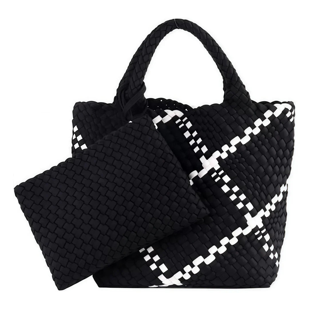 Woven Bag for Women, Neoprene Tote Bag Summer Beach Handbag Purse Retro Handmade Travel Shoulder Bag Set Neoprene Weave Tote Bag