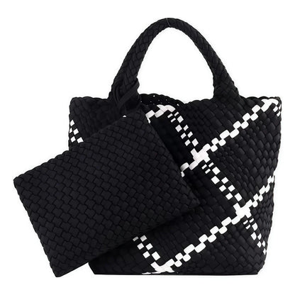 Woven Bag for Women, Neoprene Tote Bag Summer Beach Handbag Purse Retro Handmade Travel Shoulder Bag Set Neoprene Weave Tote Bag