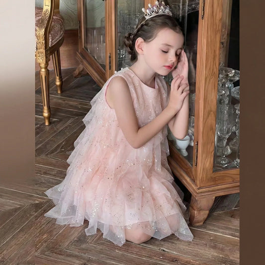 2026 Girls Pink Ruffle Tulle Dress Princess Sequin Layered Party Dress Kids Sleeveless Mesh Summer Vestidos Children Casual Gown