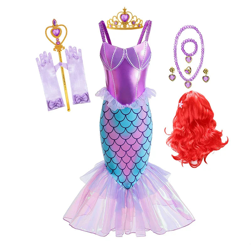 New Ariel Princess Little Mermaid Dress Girl Charm Cosplay Costume Kids Birthday Party Halloween Disguise Clothes