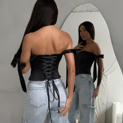 Bandage White Corset Top Women Elegant Black Satin Bustier Fishbone Zip Sexy Sleeveless Streetwear Fashion Summer Blue Clothes
