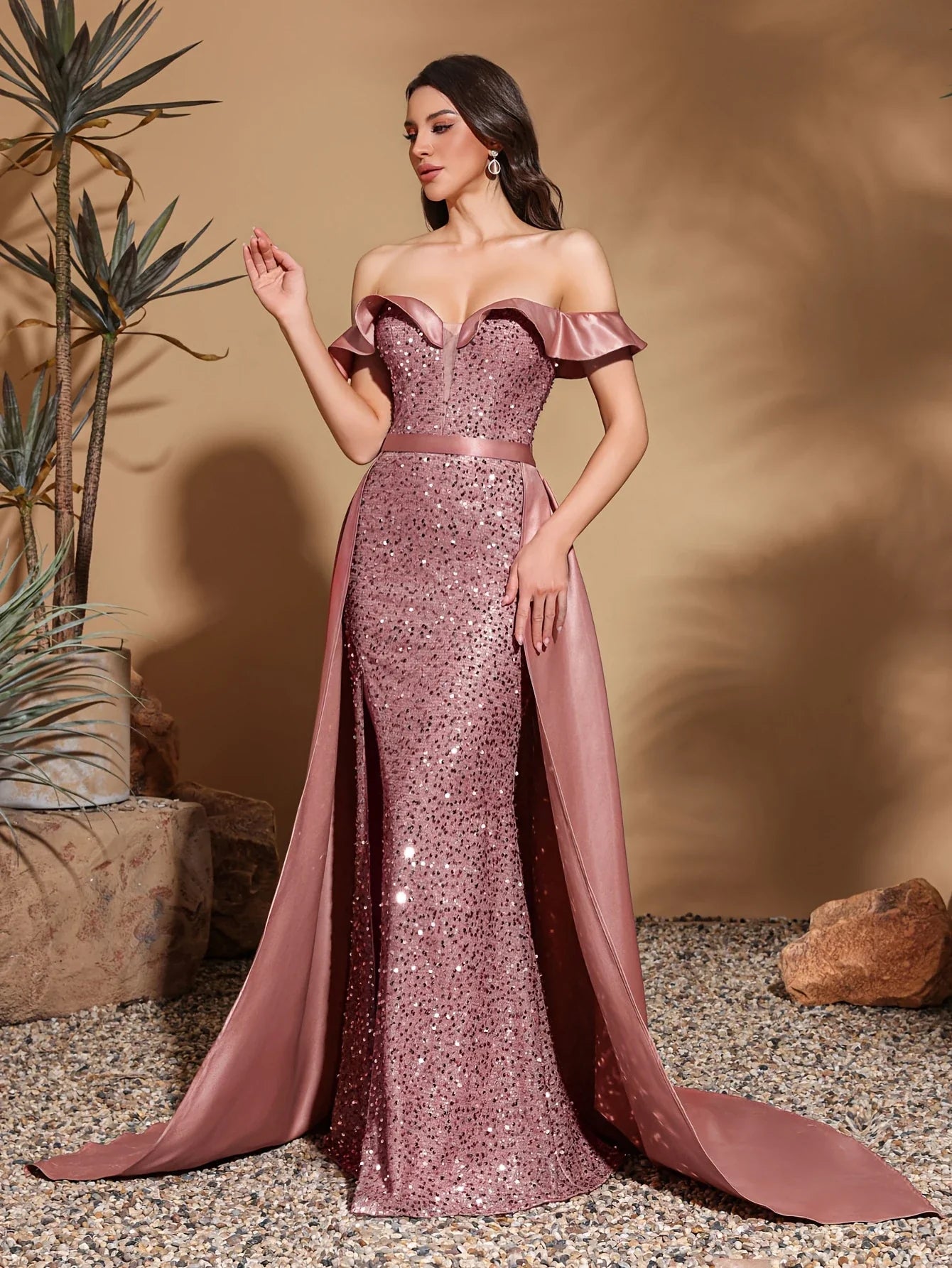 Sequined off-the-shoulder pleated collar satin floor-length dress