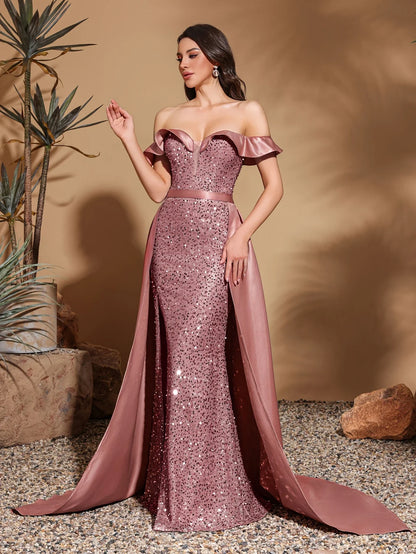 Sequined off-the-shoulder pleated collar satin floor-length dress