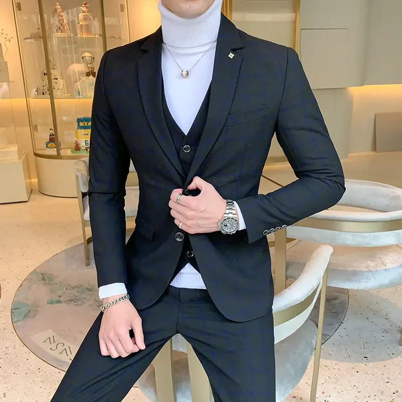 Blazer and Vest and Pants / Boutique Fashion Plaid Men's Casual Business Suit 3pcs Set Groom Wedding Dress Performance Costume