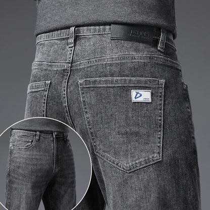 Men's Soft Stretch Straight Jeans Business Casual Slim Fit Wash Denim Pants Korean Fashion Blue Gray Male Brand Trousers