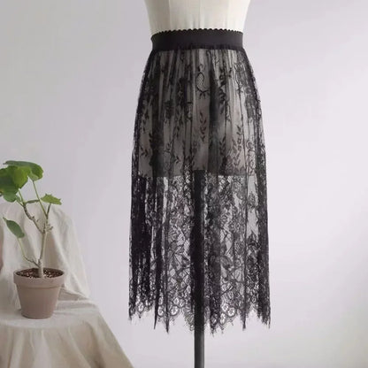 Transparent Sexy Lace Mesh Skirt Elastic High Waist Black White Tulle Mini Skirts Womens Skirt Korean Fashion Women's Skirt