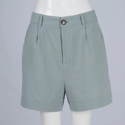 Cotton Linen Solid Shorts For Women Button High Waist Summer Loose Casual Pockets Shorts Female Pants Women Clothing