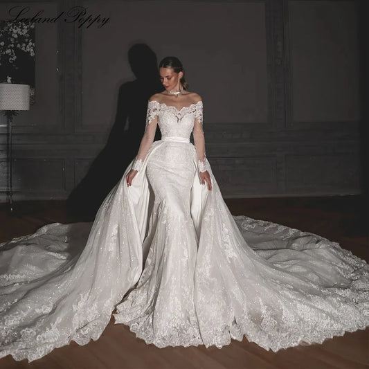 Customized Boat Neck Mermaid Lace Wedding Dresses Beaded Appliques Long Sleeves Bridal Gowns with Detachable Train