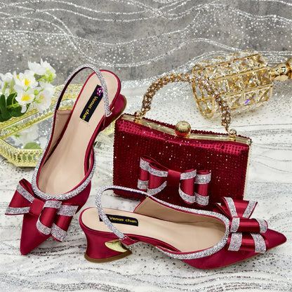 Wonem Shoes And Bags for Party Rhinestone Bow Pointed-Toe Women's High Heels Wedding Shoes