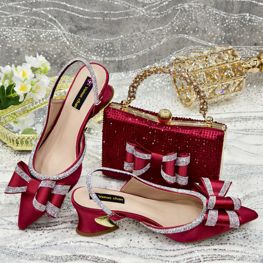 Italy Design 2025 New INS Shoes and Bag to Match Wine Colour Pointed-Toe Rhinestone Bow Party Women's High Heels
