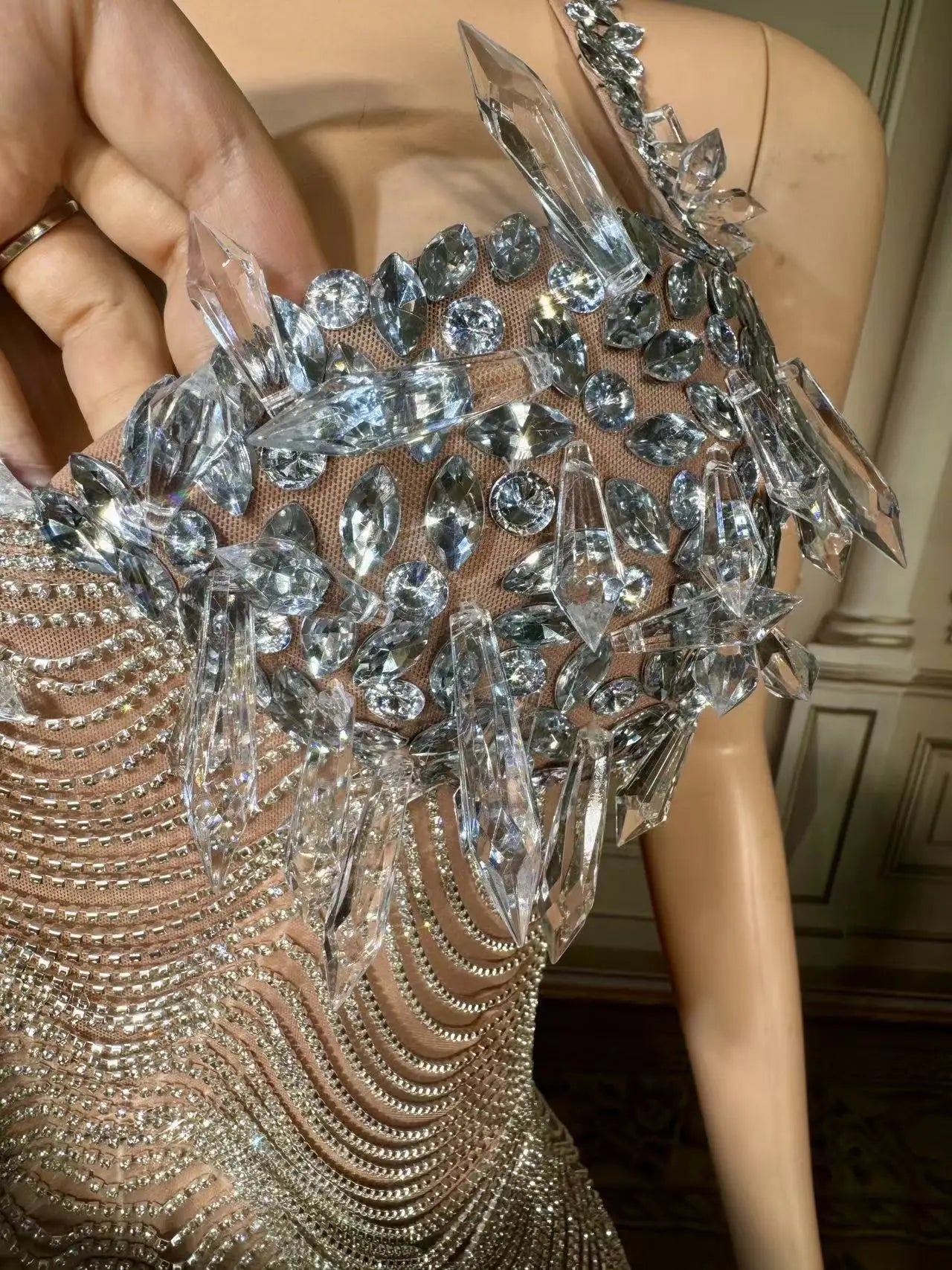 Silver Rhinestone Crystals Chains Transparent Long Dress Evening Birthday Celebrate Dress Sexy Performance plus size