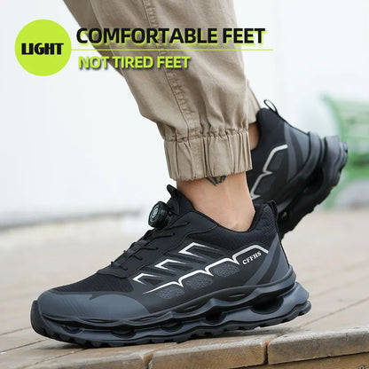 Shock Absorbing Safety Shoes for Men Steel Toe Lightweight Work Boots for Factory & Warehouse Rotary Button Indestructible Shoes