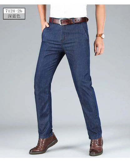 2026 Brand High Lyocell  Men's Fit Straight Lightweight Cotton Stretch Denim Business Casual High Waist Thin Light Grey Jeans