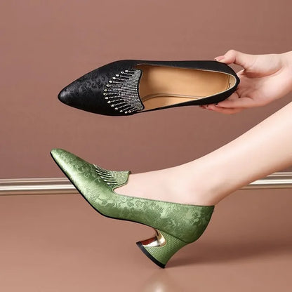 women fashion light weight comfort green square heel shoes lady casual black crystal shining heel shoes sapatos femininas a178
