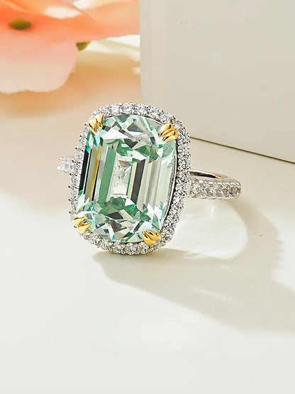 Luxurious light green tourmaline 925 sterling silver ring set with high carbon diamond temperament niche and versatile for women