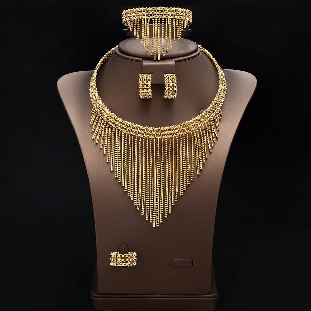 Conjunto de Joias de Casamento de Luxo Dubai Nigéria Conjuntos de Joias Nupciais para Mulheres Festa Colar de Cobre Banhado a Ouro com Contas de Borla