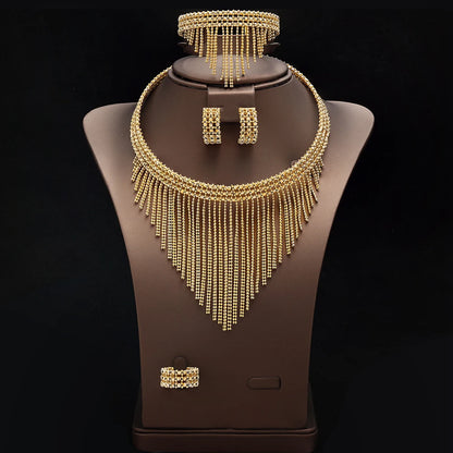 Conjunto de Joias de Casamento de Luxo Dubai Nigéria Conjuntos de Joias Nupciais para Mulheres Festa Colar de Cobre Banhado a Ouro com Contas de Borla