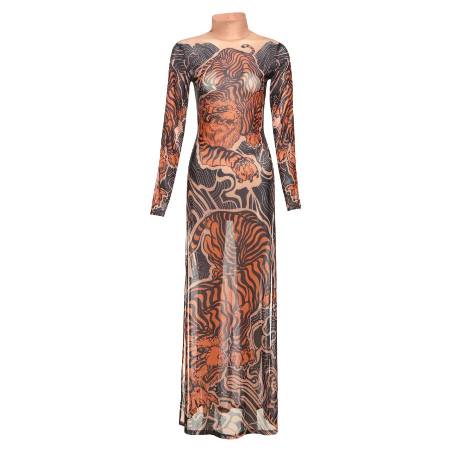 See Through T-Shirts Women Tiger Print Long Sleeve High Neck High Slits High Elastic Skinny Trend Street Hipster Tops