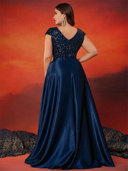 Plus Size Elegant V-Neck Red Sequins Evening Dress Long Luxury Women Satin Sleevesless Party Prom Cocktail Gowns