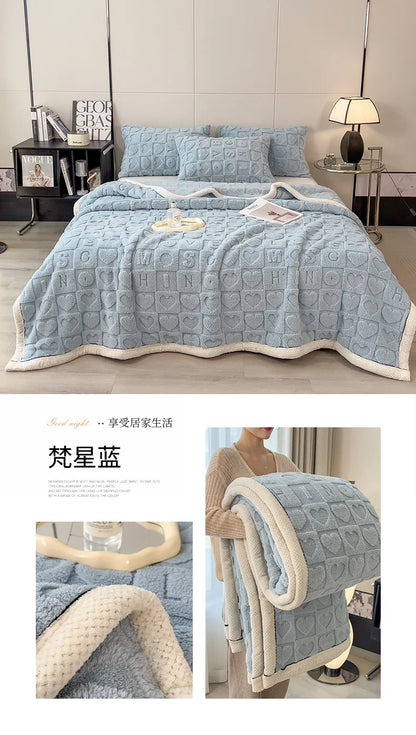 2025 new solid color taffle love blanket light blue fashion flannel office lunch break casual blanket, no pillowcase