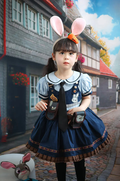 Judy Cosplay Costume Kids Carnival Party Dress Girls Tie Headdress Belt Socks Sets Police Role Play Movie Uniform Birthday Gift