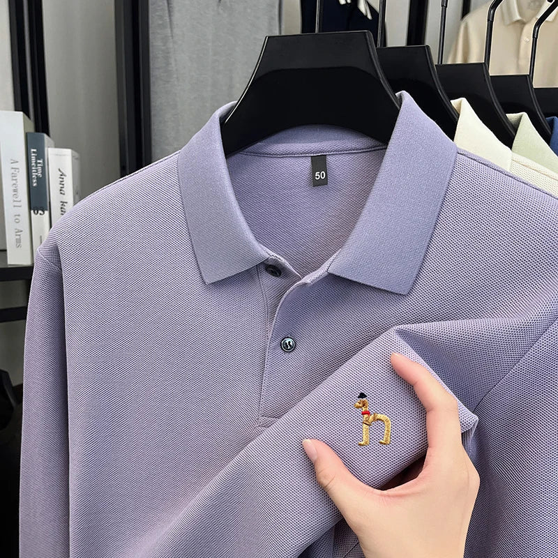 100% Cotton Luxury Brand Men's Polo Shirt Exquisite Dog Embroid Long Sleeve Fashion Quality Lapel T-Shirt Business Casual Menswear