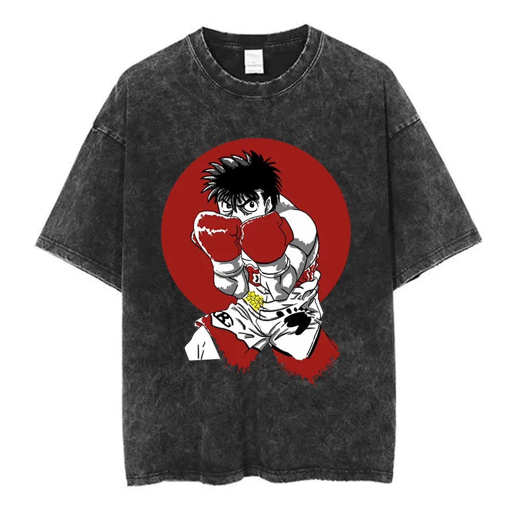 Anime Hajime No Ippo Washed Vintage T-shirt Kamogawa Boxing Gym Harajuku T-shirts Makunouchi Takamura KGB Loose Cotton T Shirt