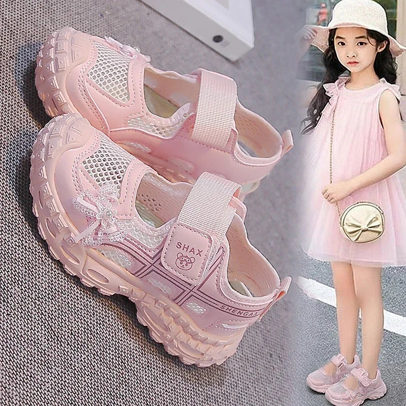 2026 summer new girls' bow mesh toe sandals soft and casual beach sandals children's outdoor walking non slip flat shoes