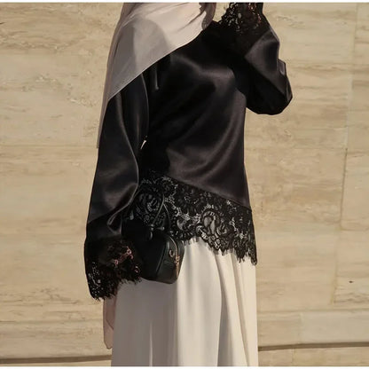 Women's Satin Blouse With Lace Trim Fashion O-neck Long Sleeve Lace Up Waist Irregular Tops 2026 Spring New Chic Lady Streetwear
