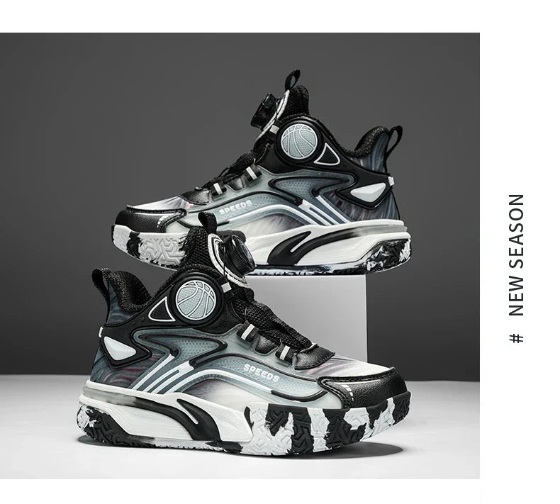 Children's basketball shoes boys' waterproof leather surface rotating buckle anti-slip and shock-absorbing student sports shoes