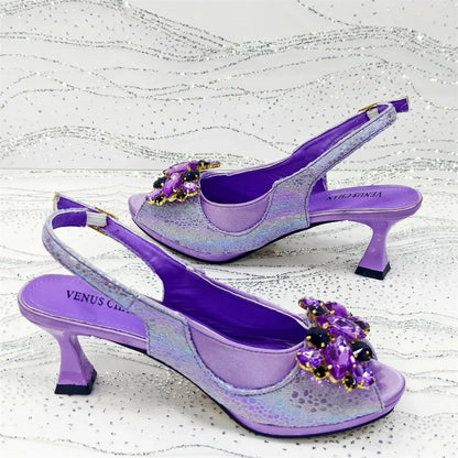 Rhinestone Design African Shoes & Bag Set in Green – Open Toe Comfortable Women's Heels
